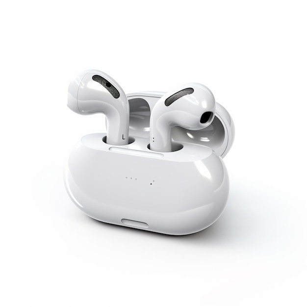 Er is een witte airpods met een oplading geval op een witte oppervlak generatieve ai