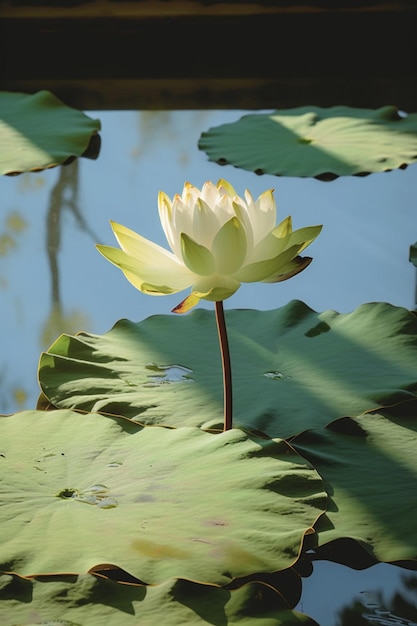 er is een witte bloem die op een blad zit generatieve ai