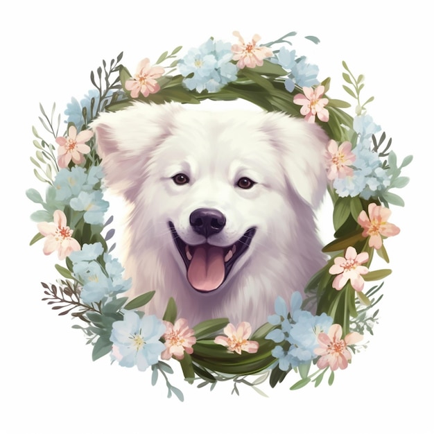 Er is een witte hond met een krans van bloemen om hem heen generatieve ai