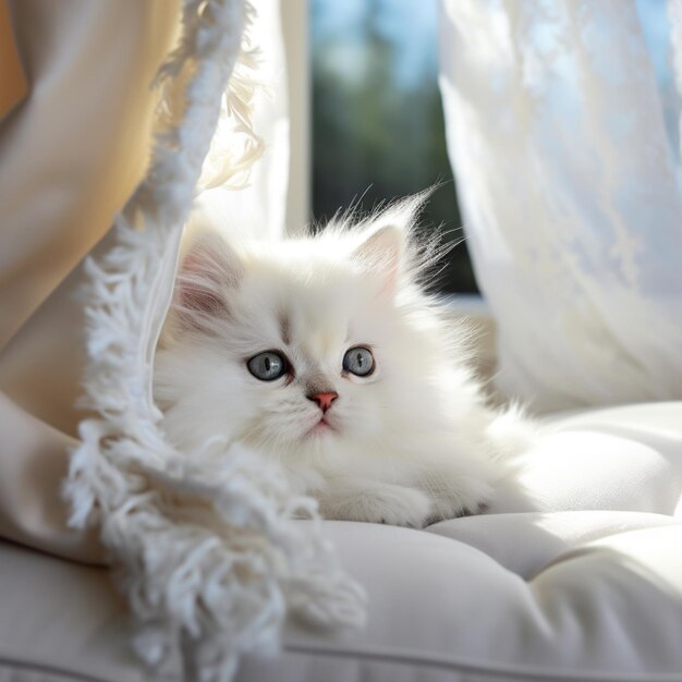 Foto er is een witte kat die op een bank ligt.