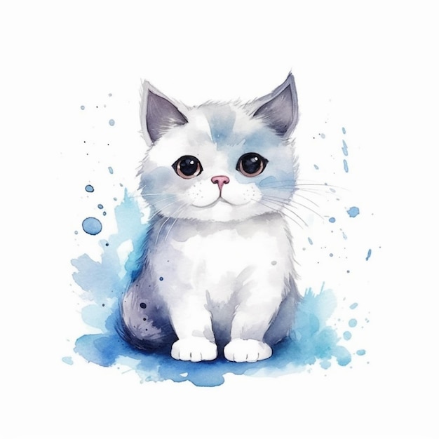 Er is een witte kat met blauwe vlekken op zijn gezicht.