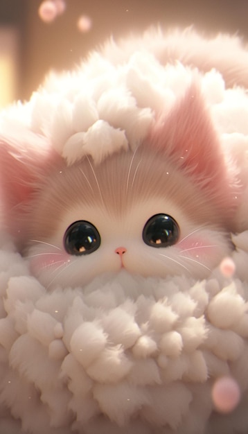 Foto er is een witte kat met roze oren en een pluizige deken generatieve ai