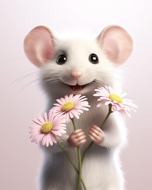 er is een witte muis die een bos bloemen in zijn poten houdt generatieve ai