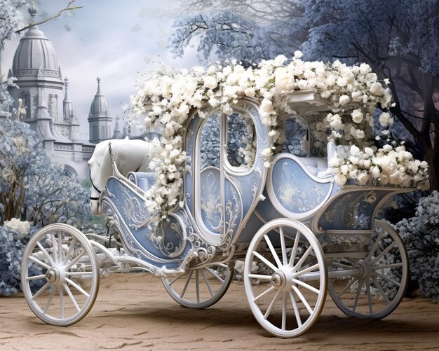 er is een witte paard getrokken wagen met bloemen op het generatieve ai