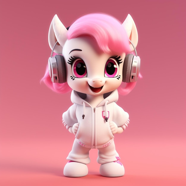 Er is een witte pony met roze haar en koptelefoon op generatieve ai