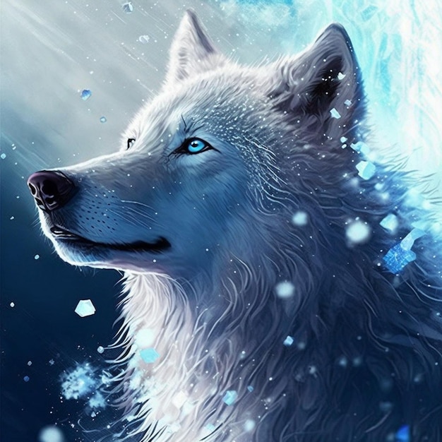 Er is een witte wolf met blauwe ogen en een blauwe hemel generatieve ai