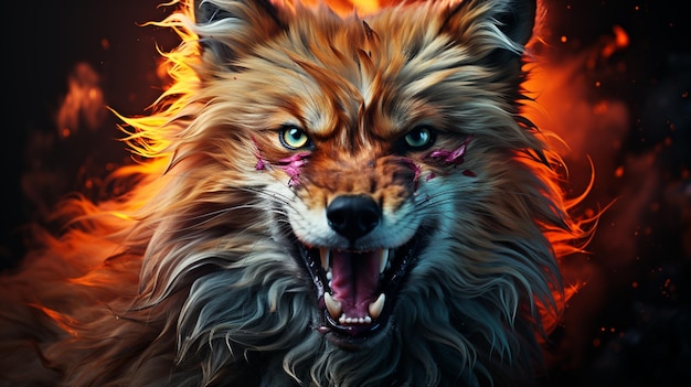 Er is een wolf met een bloedig gezicht en een vuur op de achtergrond.
