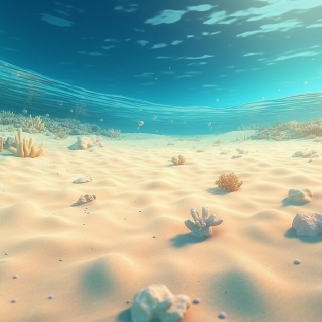 Er is een zandstrand met veel koraal en zeewiergeneratieve ai