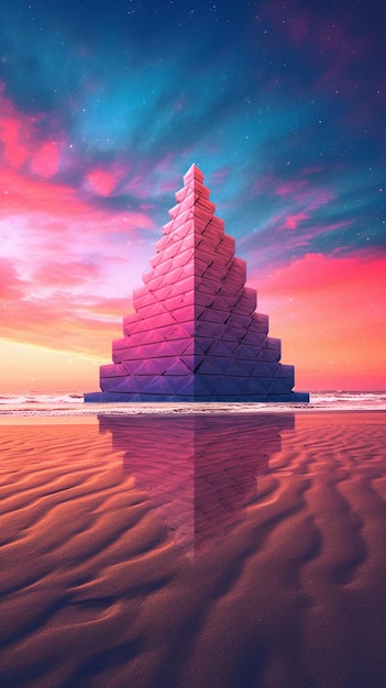 Er is een zeer hoge piramide op het strand bij zonsondergang generatieve ai
