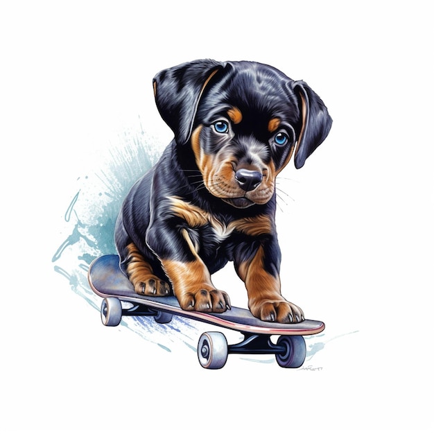 er is een zwart-bruine hond die op een skateboard rijdt generatieve ai