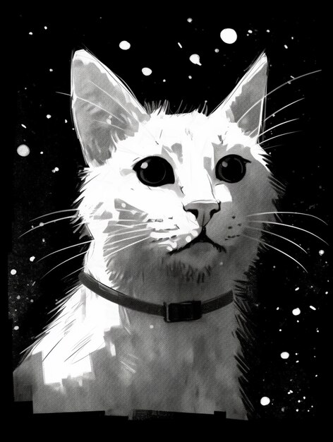 er is een zwart-wit foto van een kat met een halsband generatieve ai