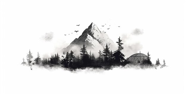 Er is een zwart-witte tekening van een berg met een bos generatieve ai