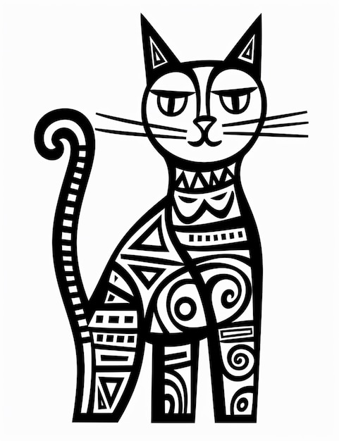 Er is een zwart-witte tekening van een kat met een strik.