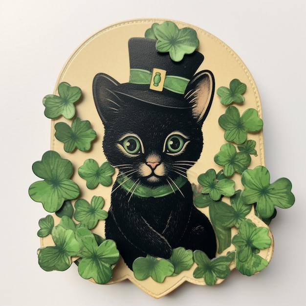Er is een zwarte kat met een groene hoed en shamrock bladeren generatieve ai