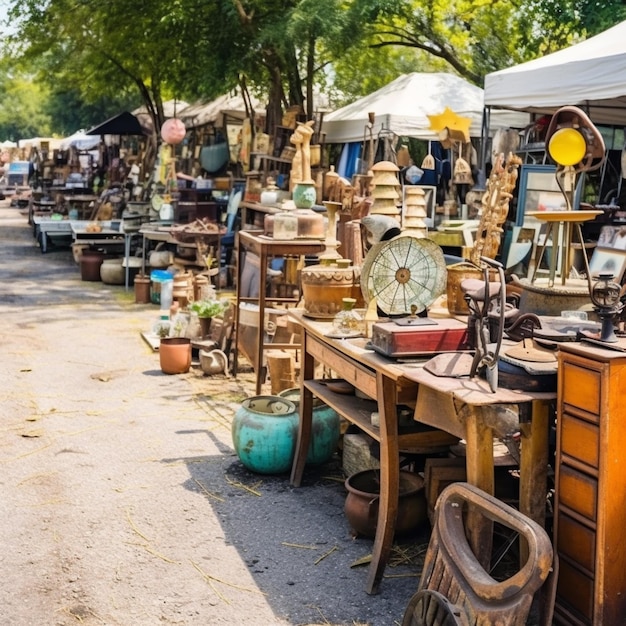 Foto er is veel antiek en antiquiteiten te zien op een generatieve ai rommelmarkt