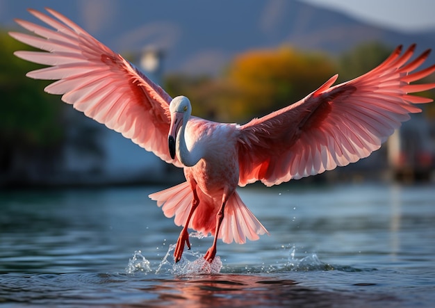 er komt een roze flamingo uit het water.
