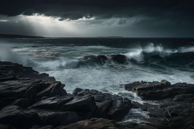 Er komt een storm over de rotsen en de golven beuken op de kust