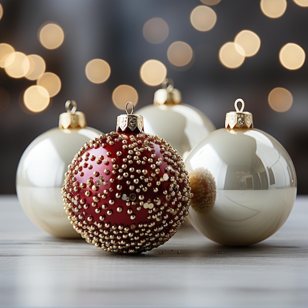 Foto er liggen drie kerstballen op een tafel met verlichting op de achtergrond generatieve ai