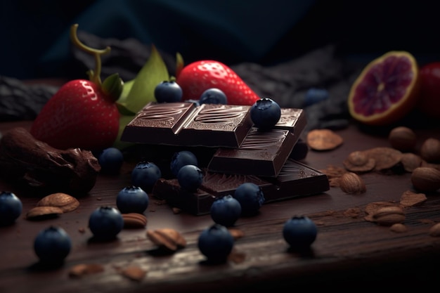 Er liggen enkele chocoladerepen en bessen op een generatieve ai tafel