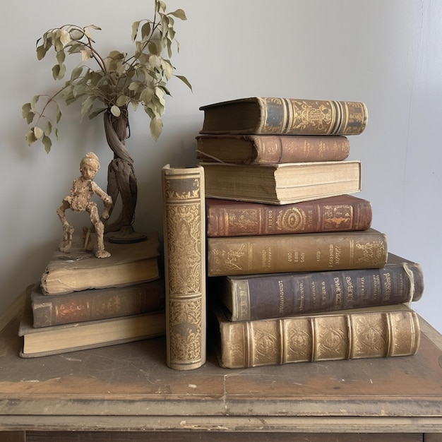 Er liggen veel boeken op een tafel met een klein beeldje generatieve ai