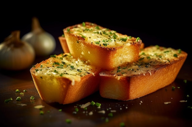 Er liggen vier stukken brood met kaas en kruiden op een tafel.