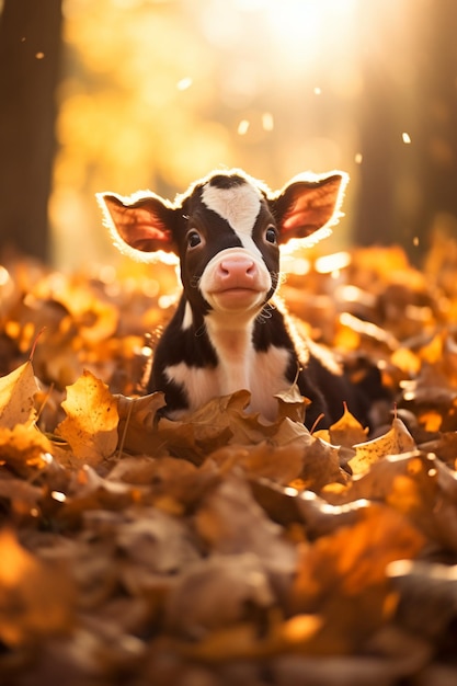 Er ligt een baby koe in een stapel bladeren.