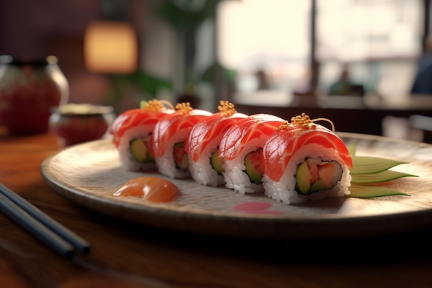 Er ligt een bord sushi met saus en eetstokjes op de tafel.