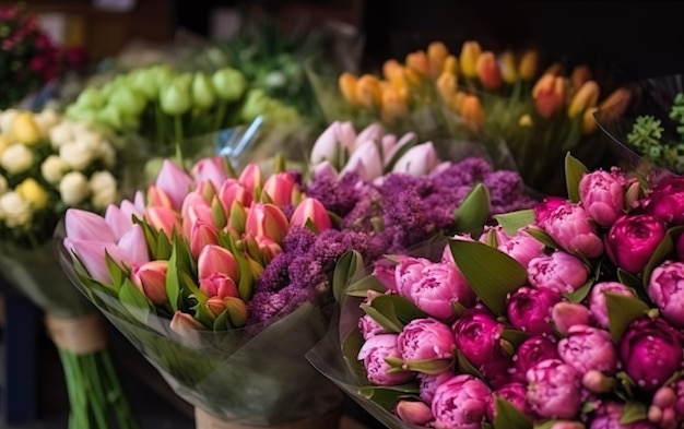 Er ligt een bos bloemen in een winkel.