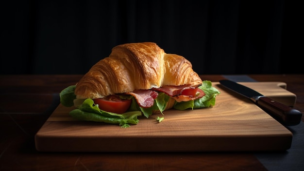 er ligt een croissantsandwich op een snijplank met een mes generatieve ai