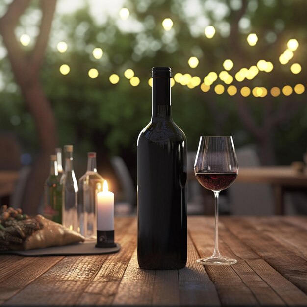 Foto er ligt een fles wijn en een glas op een tafel.