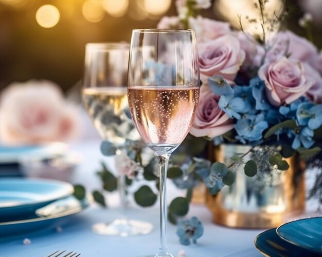 Er ligt een glas wijn op een tafel met bloemen.