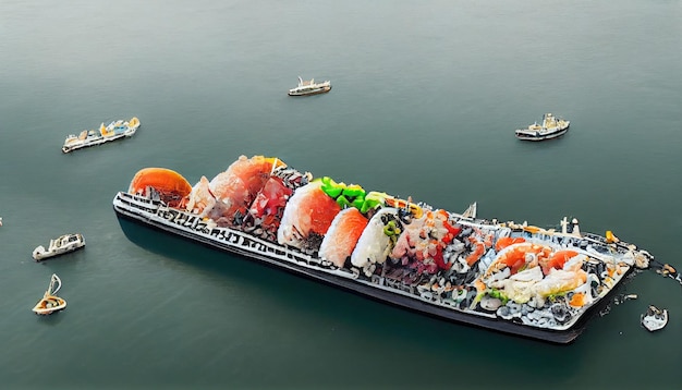 Er ligt een grote boot met sushi erop in het water generatieve ai