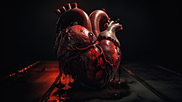 Er ligt een hart op een tafel waar bloed naar beneden druppelt.
