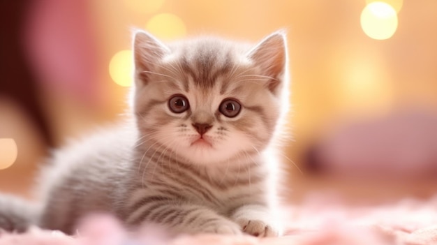 Er ligt een klein kittenje op een roze deken.