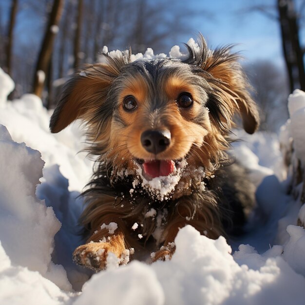 Er ligt een kleine hond in de sneeuw.