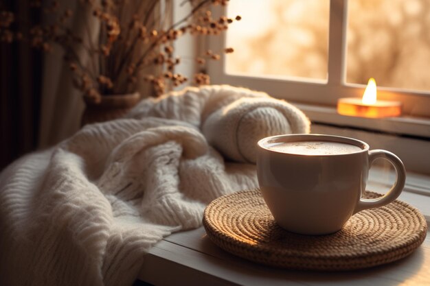 Foto er ligt een kop koffie op een tafel bij een raam.