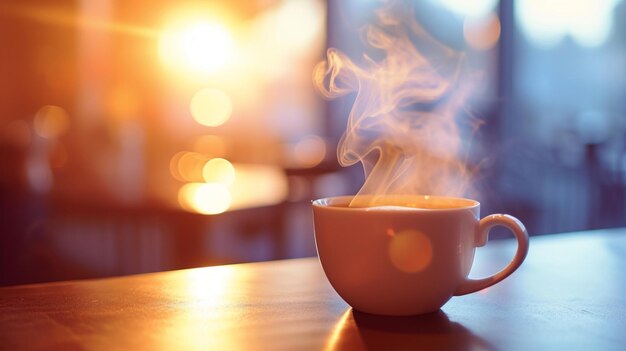 Foto er ligt een kop koffie op een tafel met een wazige achtergrond.