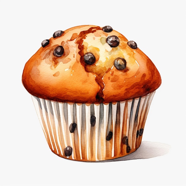 Foto er ligt een muffin met chocoladestukjes erop, generatieve ai op een tafel