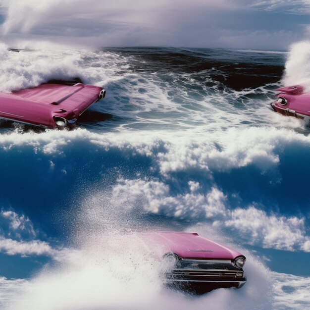 Er ligt een roze auto in het water en de roze auto is roze.