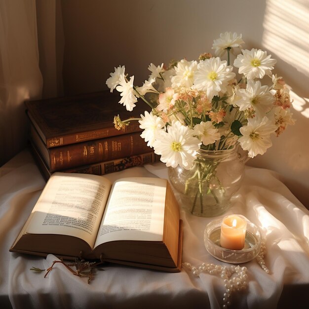 Er ligt een vaas met bloemen en een boek op een tafel.