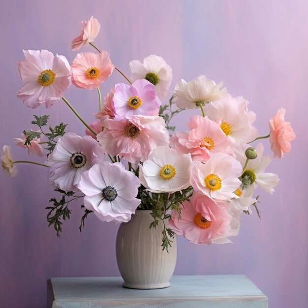 Er ligt een vaas met bloemen op een tafel tegen een muur.