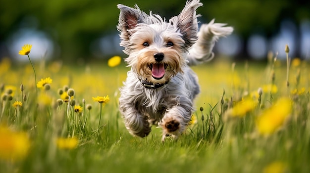 Er loopt een kleine hond door een veld met bloemen generatieve ai