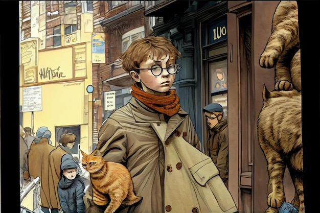 Foto er loopt een man over straat met een kat generatieve ai