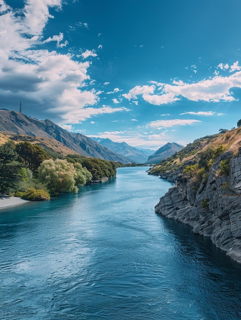 Er loopt een rivier door een vallei met een berg op de achtergrond.