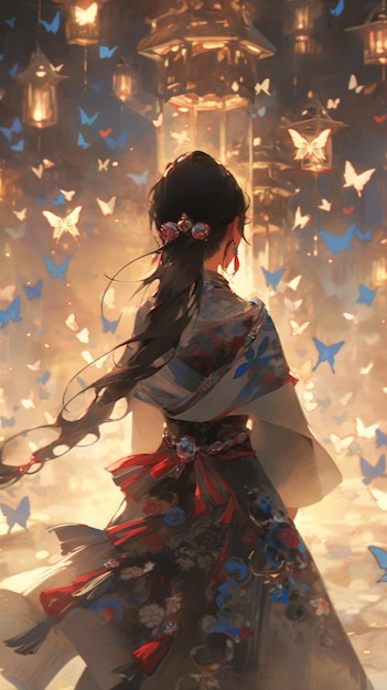 Er loopt een vrouw in een kimono-jurk door een veld vol vlinders generatieve ai
