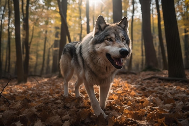 Er loopt een wolf door het bos met bladeren op de grond.