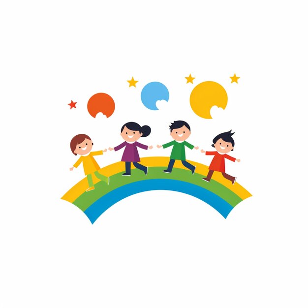 er lopen drie kinderen op een regenboog met tekstballonnen generatieve ai
