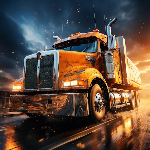 Er rijdt een grote vrachtwagen over de weg bij zonsondergang generatieve ai