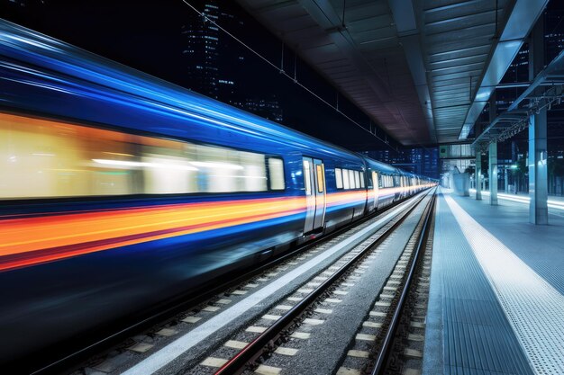 Foto er rijdt een trein door een station met een blauw licht waarop 'trein' staat.