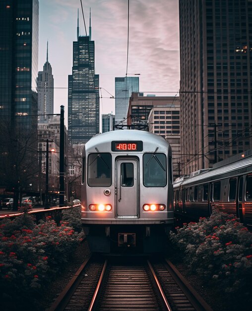 Foto er rijdt een trein over de rails in de stad.